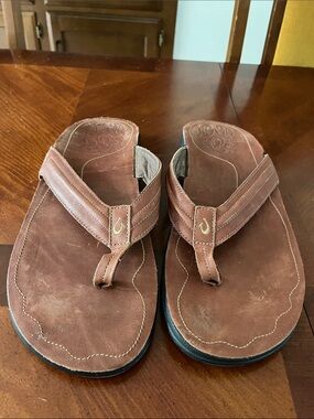 OluKai Moko Men’s Leather Sandals Flip Flops - Brown - Size US 15 / EU 48
